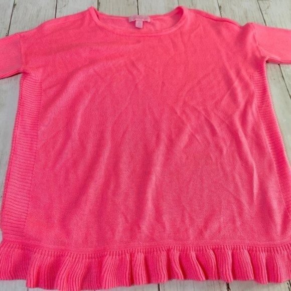 Lilly Pulitzer Girl's Neon Pink Knit Ruffle 3/4 Sleeve Girls Size Large Sweater - Picture 2 of 11